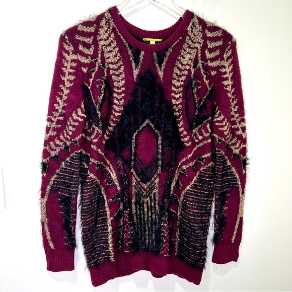 Gianni Bini Art Deco Fuzzy Metallic Sweater Sz S Gold Purple‎ Black Crewneck - Picture 1 of 7